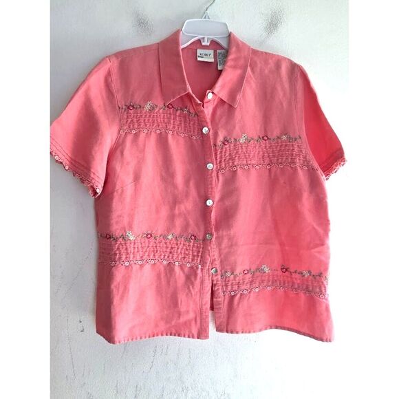 Koret Pink w/Floral Embroidery Linen Blend Button Up/Ankle Pants Set size 14 - Picture 2 of 9